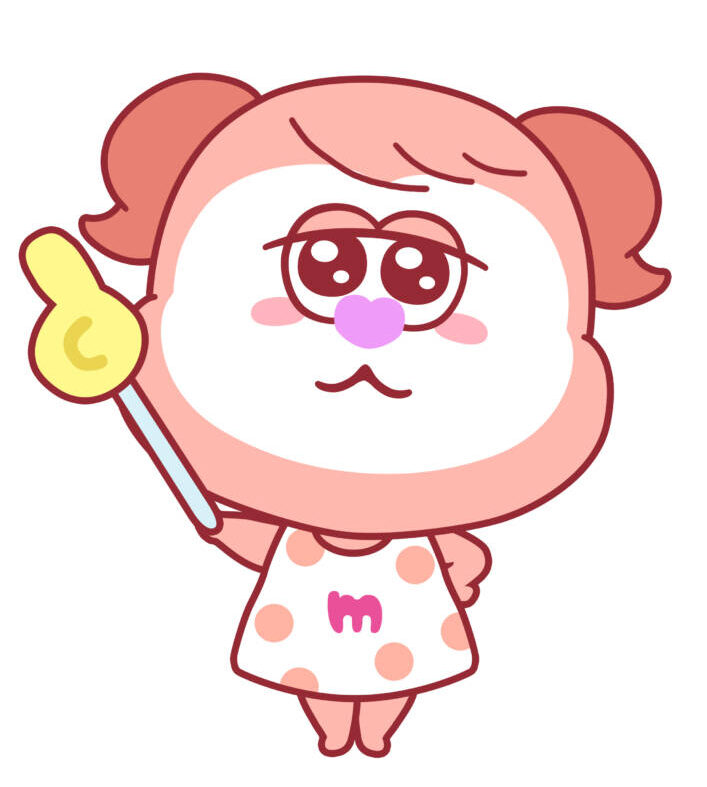 月刊モナミ公式キャラ「モナミール」の全身画像。ピンクの髪にハートの鼻、Mロゴ入りの水玉ワンピースを着た可愛いイラスト。